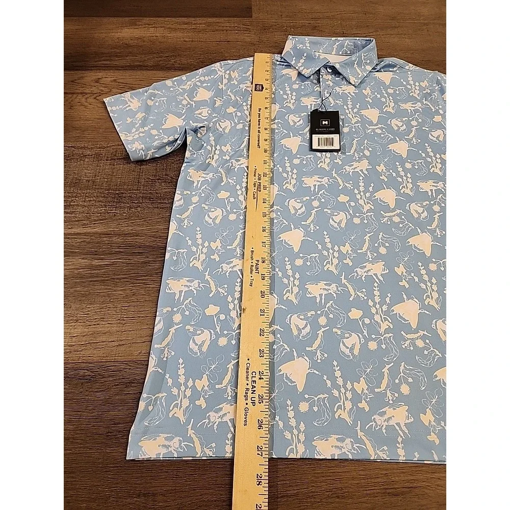 Waggle Buzzin Polo Shirt Mens Medium Blue Bee Floral Print Performance Stretch - Picture 3 of 4
